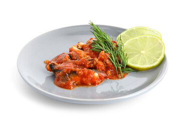 Plate with canned fish in tomato sauce isolated on white background
