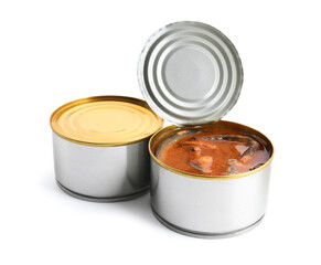 Opened tin cans with fish in tomato sauce isolated on white background