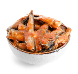 Bowl with canned fish in tomato sauce isolated on white background