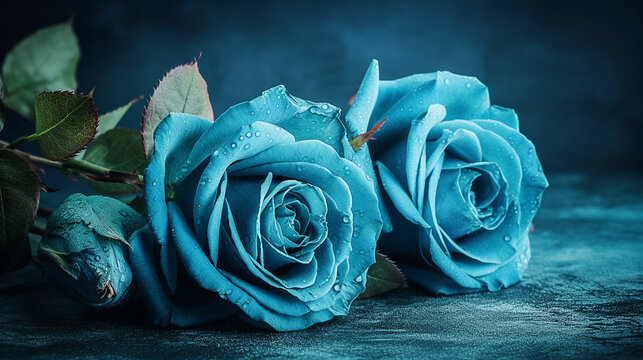 Blue roses on blue background. Generative AI image