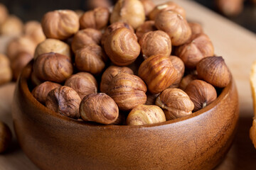 Peeled hazelnuts during cooking, close-up of freshly picked hazelnuts in the kitchen