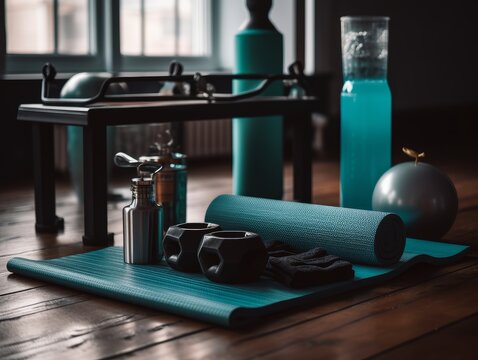 A table with various fitness equipment