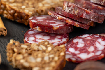 sliced high-quality pork sausage with the addition of lard pieces
