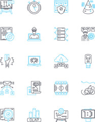 Report generation linear icons set. Analytics, Automation, Business, Data, Dashboards, Document, Excel line vector and concept signs. Filtering,Formatting,Graphics outline illustrations