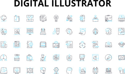 Fototapeta na wymiar Digital illustrator linear icons set. Vector, Sketch, Layers, Composition, Outline, Illustration, Design vector symbols and line concept signs. Style,Ink,Brush illustration