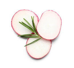 Slices of fresh radish and rosemary isolated on white background