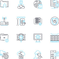 Digital learning linear icons set. eLearning, Virtual, Online, Blended, Distance, Tech-savvy, Interactive line vector and concept signs. Adaptive,Gamification,Personalized outline illustrations