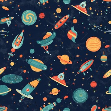 Seamless pattern of space with rocket ships and stars.  Seamless pattern of planets and stars and spaceships created with Generative AI technology