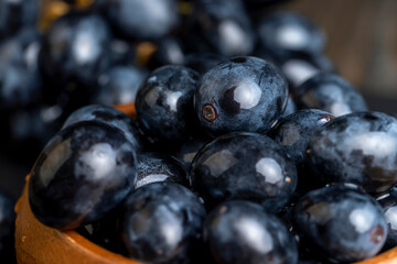 sweet ripe black grapes covered with drops of water