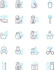 Cosmetics industry linear icons set. makeup, skincare, beauty, fragrance, haircare, nailcare, bodycare line vector and concept signs. lipsticks,eyeshadows,perfumes outline illustrations