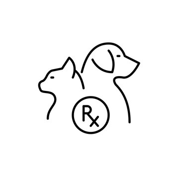 Cat, dog and prescription drug symbol, veterinary healthcare and medicine. Pet pharmacy. Pixel perfect, editable stroke line design icon