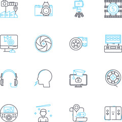 Fototapeta premium Audio production linear icons set. Mixing, Mastering, Editing, Recording, EQ, Compression, Dynamics line vector and concept signs. Effects,Sampling,Sequencing outline illustrations