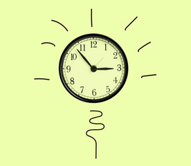 Light bulb concept with clock on yellow background, idea time concept