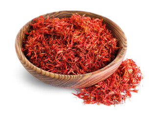 Naklejka premium Wooden bowl with pile of saffron on white background