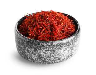 Fototapeta premium Bowl with Pile of saffron on white background
