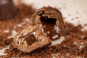 sweet chocolates with soft filling, chocolate pieces