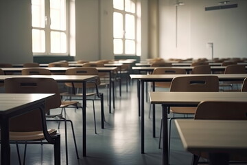 Empty classroom, Blurred school classroom without students with empty chairs and tables