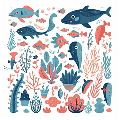 Naklejka premium cute underwater sea animals on white background