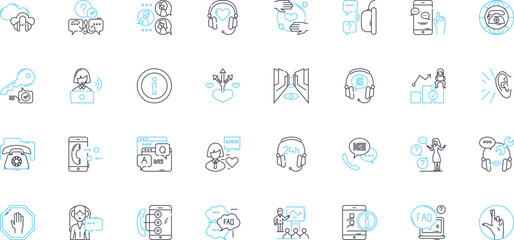 Assistance program linear icons set. Support, Aid, Help, Outreach, Veterans, Homelessness, Poverty line vector and concept signs. Relief,Resources,Guidance outline illustrations