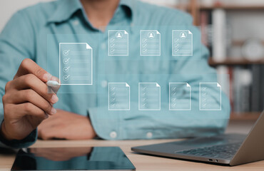 Human Resources (HR) management concept. Businessman filling out online employee appraisal form....