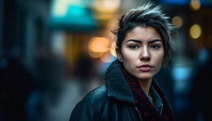 Obraz premium Young woman in city, confident and fashionable generated by AI