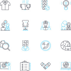 Business model linear icons set. Innovation, Strategy, Sustainability, Profitability, Scalability, Customer-centric, Disruption line vector and concept signs. Mtization,Adaptability,Efficiency outline