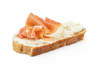 Tasty bruschetta with jamon on white background