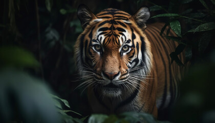 Bengal tiger staring, close up portrait in nature generated by AI