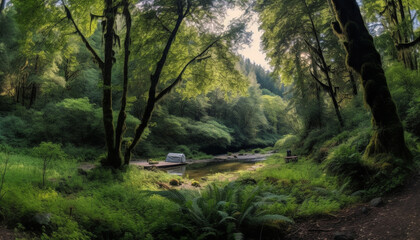 Tranquil scene of autumn forest hiking adventure generated by AI