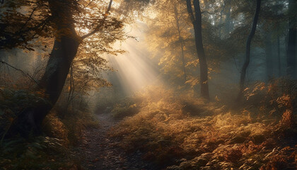 Golden leaves lead to mysterious autumn forest generated by AI