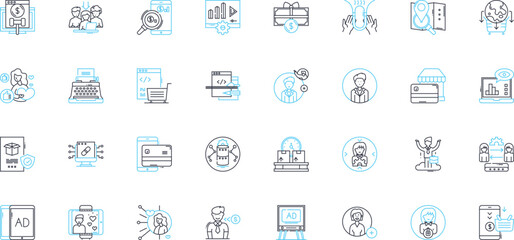 Fototapeta premium Marketing campaign linear icons set. Strategy, Advertisements, Targeting, Promotion, Branding, Analytics, Content line vector and concept signs. Creative,Engagement,Conversion outline illustrations