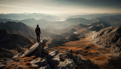 One person standing on top of mountain peak generated by AI