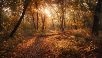 Obraz premium Autumn forest glows with vibrant yellow beauty generated by AI