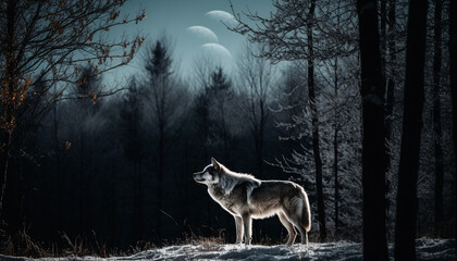 Gray wolf walking through snowy forest landscape generated by AI