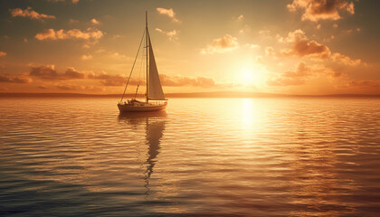 Sailboat silhouette on tranquil sunset horizon over water generated by AI