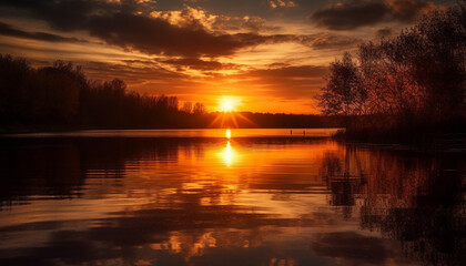 Silhouette of tree against vibrant sunset sky generated by AI