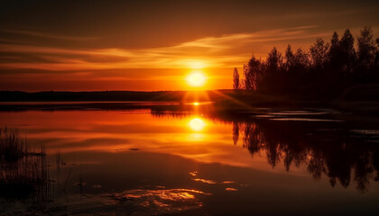 Fototapeta na wymiar Sunset over tranquil pond, nature vibrant beauty generated by AI