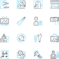Planning linear icons set. Strategy, Organization, Goal, Preparation, Forecasting, Vision, Execution line vector and concept signs. Prioritization,Schedule,Investigation outline illustrations