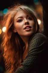 23 year old blond woman rocking out at a concert at night, surrounded by colorful lights and a sea of enthusiastic fans. Energetic, Vibrant, Dynamic, Expressive, generative ai