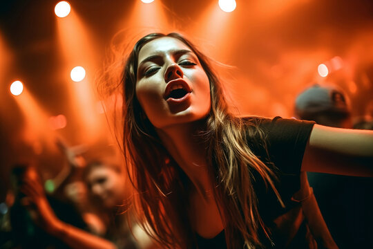 23 Year Old Blond Woman Rocking Out At A Concert At Night, Surrounded By Colorful Lights And A Sea Of Enthusiastic Fans. Energetic, Vibrant, Dynamic, Expressive, Generative Ai