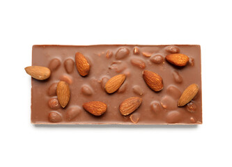Sweet tasty chocolate with almonds on  white background