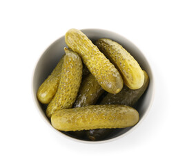 Bowl with tasty fermented cucumbers on white background