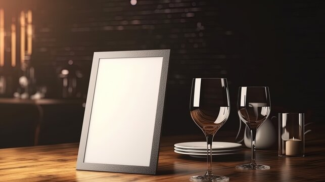 Menu mack up blank for text marketing promotion. Mock up Menu frame standing on wood table in restaurant space for text.