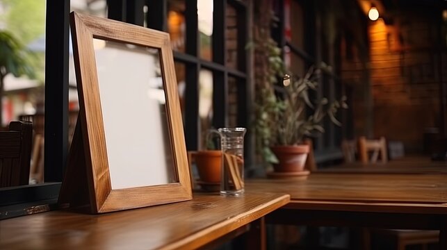 Menu mack up blank for text marketing promotion. Mock up Menu frame standing on wood table in restaurant space for text.