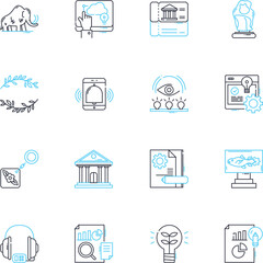 Exhibit linear icons set. Display, Showcase, Presentation, Exhibition, Show, Gallery, Art line vector and concept signs. Museum,Visual,Interactive outline illustrations