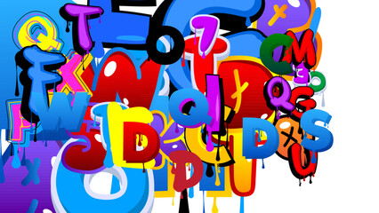 Graffiti background created with Letters. Abstract modern street art wallpaper performed in urban painting style on white.