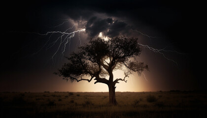 Obraz premium Silhouette of majestic tree in glowing sunset generated by AI