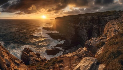 Obraz premium Majestic sandstone cliff at dusk by water generated by AI