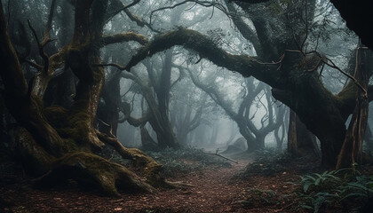 Spooky forest, mystery in nature, surreal beauty generated by AI