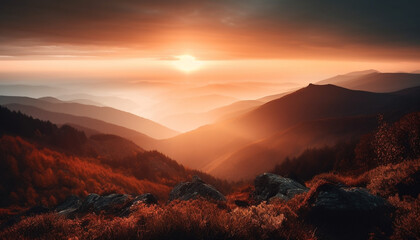 Naklejka na ściany i meble Majestic mountain peak back lit by sunset generated by AI